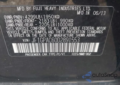 2013 Subaru Impreza 2.0I Premium from USA, damaged, VIN JF1GPAC60D2891553